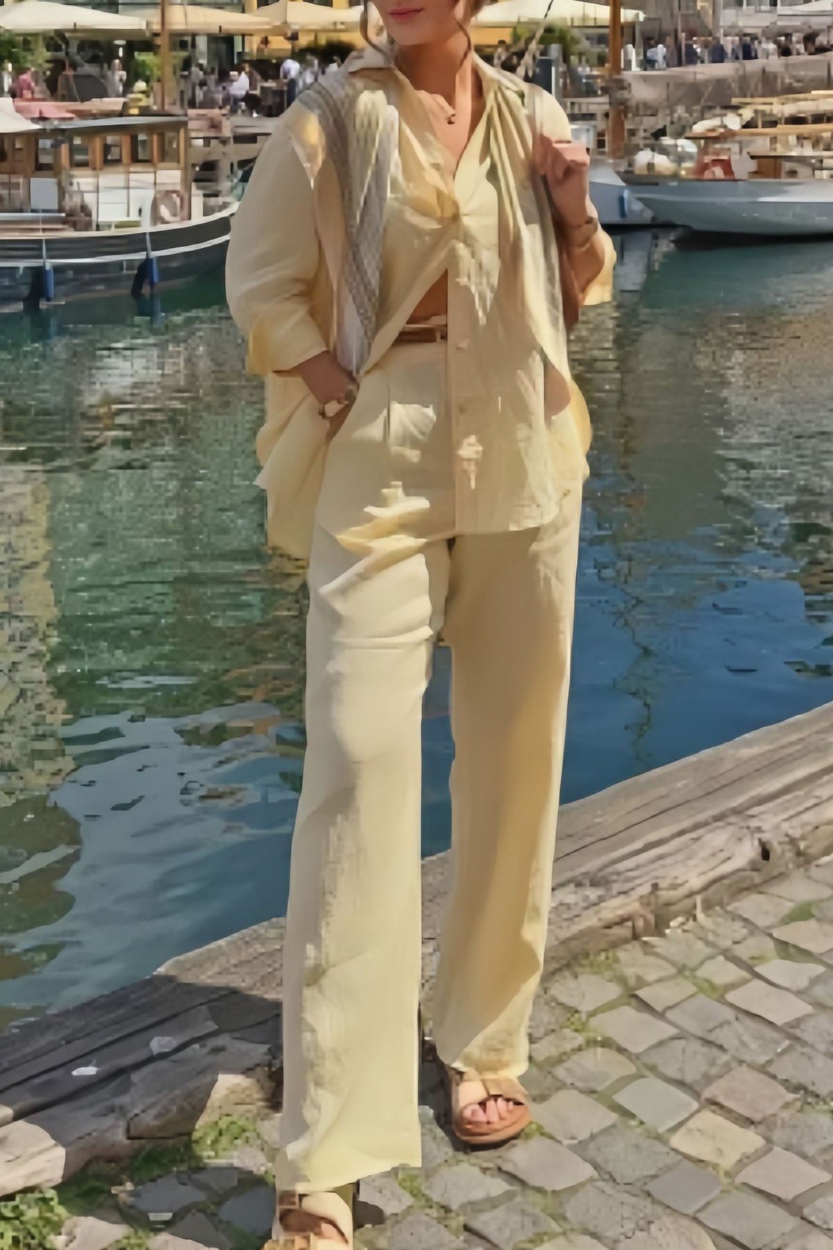 Ensemble deux pièces chemise ample à manches longues et pantalon de costume en coton et lin