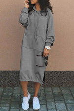 Large pockets tie-down hem hooded long sweatshirt dress