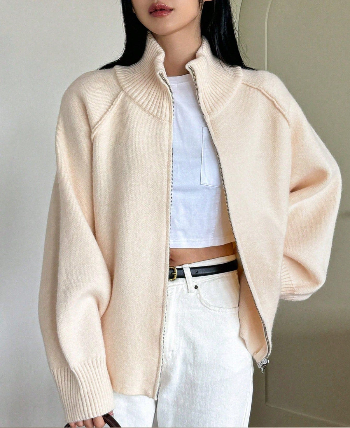 Cozy solid color stand collar zipper knitted cardigan top