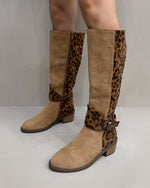 Suede upper with leopard back round toe thick heel boots