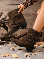 Side bow tie embellishment suede ankle boots