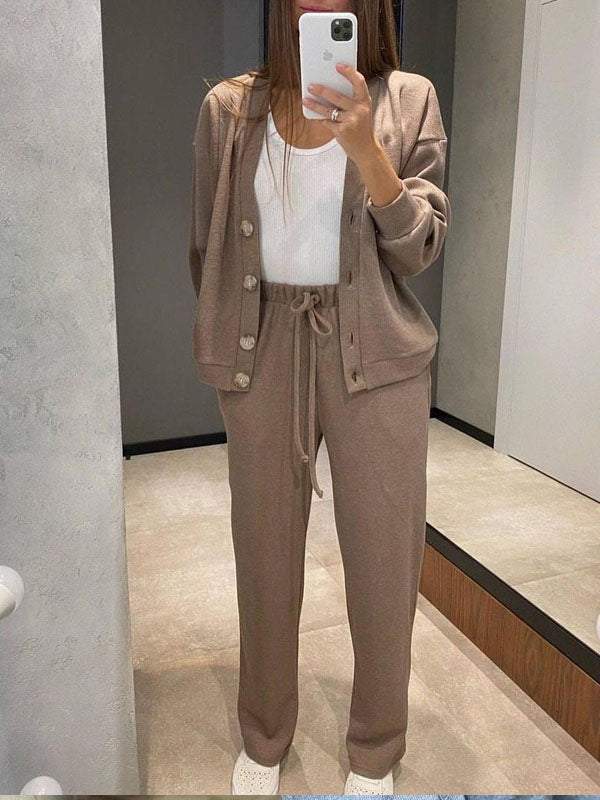 V-neck button-down knitted jacket and wide-leg pants two-piece set