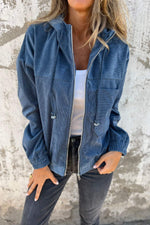 Einfarbige Cordjacke mit Kapuze und Reißverschluss