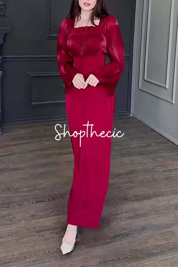 Square neckline patchwork pleated silk bell sleeve bodycon dress