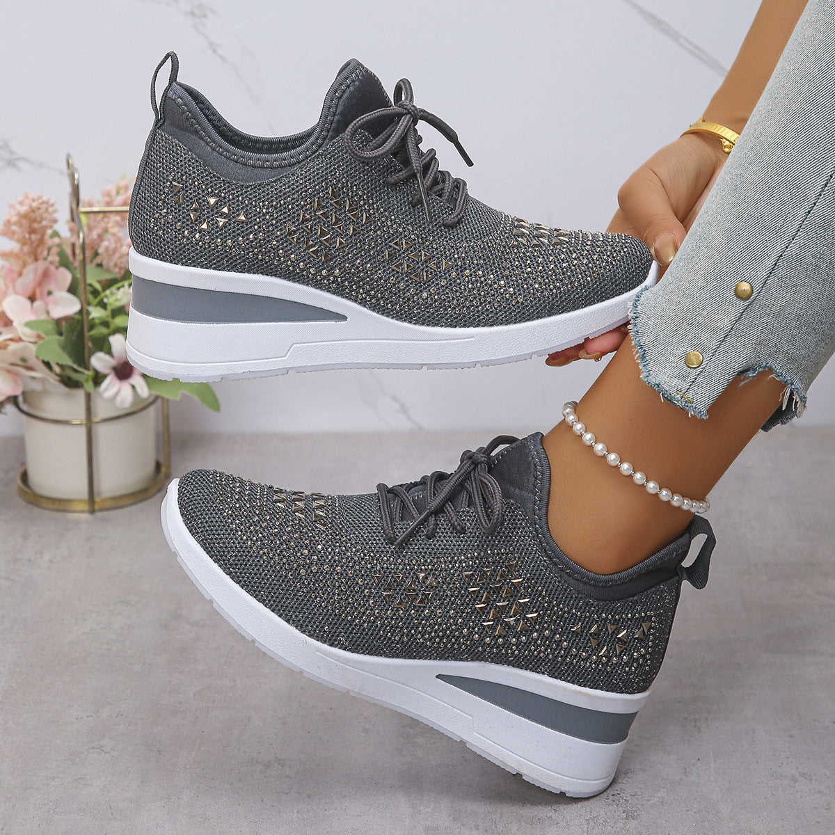 Rhinestones Woven Upper Hidden Heel lightweight walking shoes