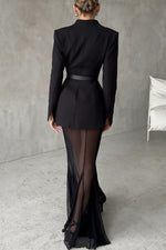 Zweiteiliges Set aus langärmligem Satinoberteil und lockerem elastischem Netzrock