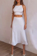 Satin camisole top and hip maxi skirt two-piece set