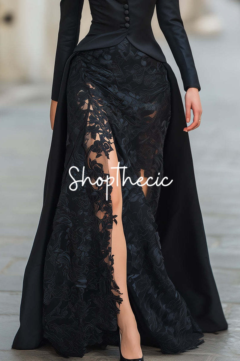 Black long swallowtail suit jacket and lace skirt set