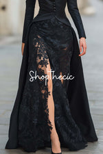 Black long swallowtail suit jacket and lace skirt set