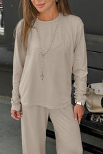 Khaki simple knitted top, vest and trousers three-piece set