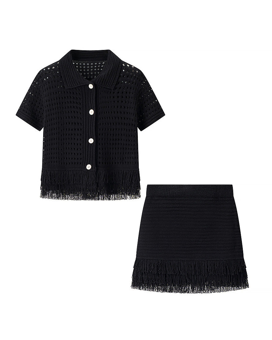 Tassel Short-Sleeved Knit Jacket High-Waisted Miniskirt Set