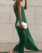 Robe à bretelles ample fendue en coton et lin