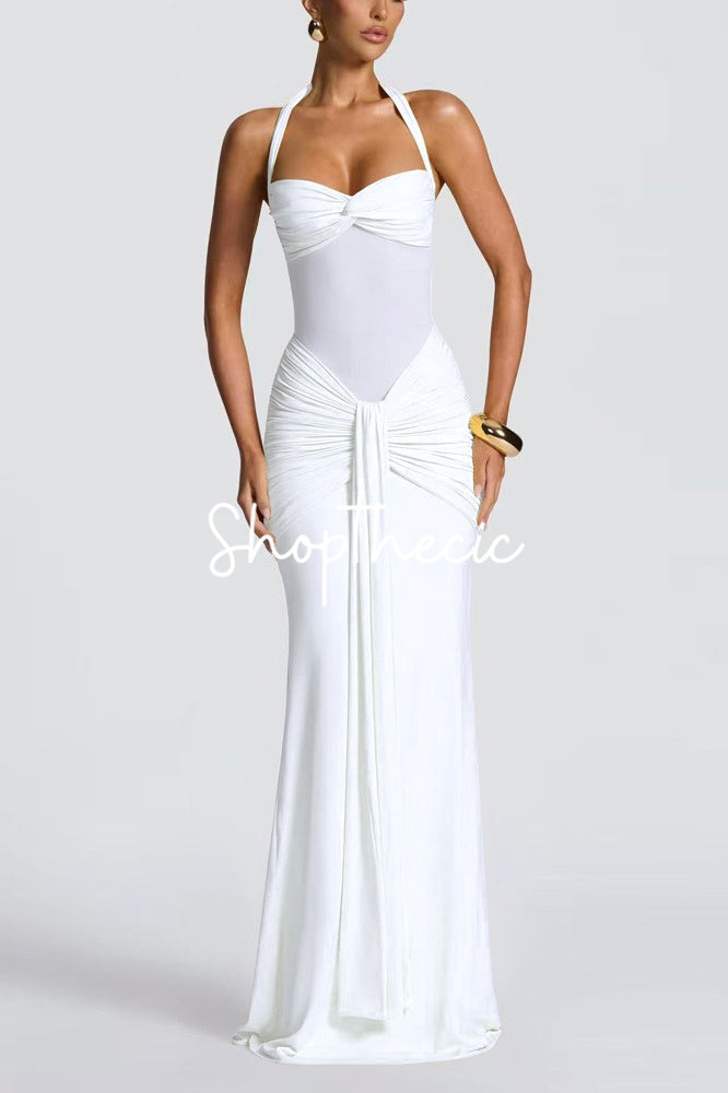 Halter-neck tie-up mesh spliced ribbon maxi dress