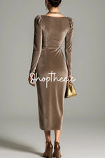 Retro long-sleeved pleated velvet slits midi dress