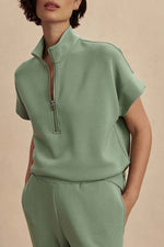 Stand-up collar half-zip short-sleeve top and tapered sweatpants two-piece set