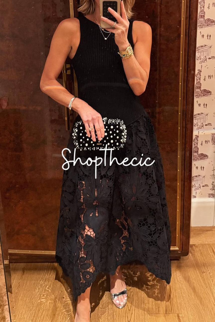 Black knit vest patchwork openwork skirt midi dress