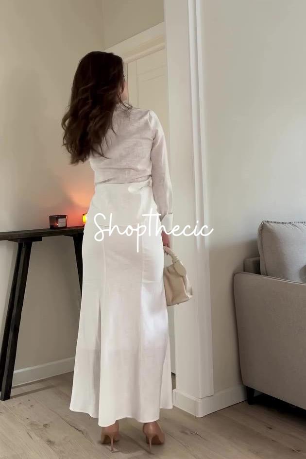 Commuter-style cotton linen shirt and skirt two-piece set