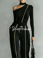 Elegant stand-up collar fitted knitwear double zipper wide-leg pants set