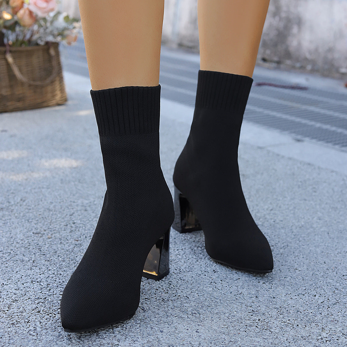 Metropolitan Pointed toe chunky heel knitted sock boots