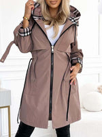 Classic plaid lining hooded mid-length trench coat