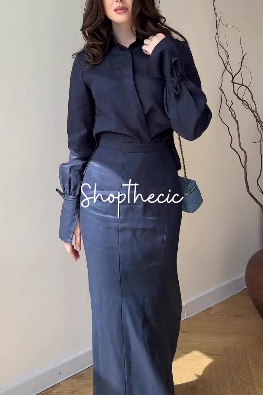 Commuter-style cotton linen shirt and skirt two-piece set