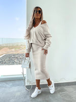 Solid Color V-Neck Long Sleeve Sweatshirt Suspender Slim Maxi Dress Two Piece Set