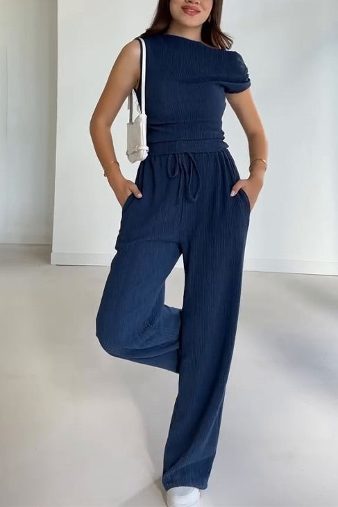 Sleeveless slant collar vest top loose straight pants two-piece set