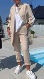 Mid-length letter-printed trench coat and trousers two-piece set