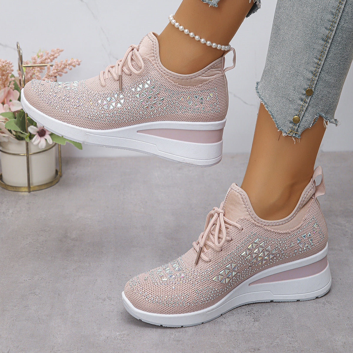 Rhinestones Woven Upper Hidden Heel lightweight walking shoes