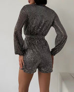 Long Sleeve Sequin Belted Romper