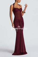 Halter-neck tie-up mesh spliced ribbon maxi dress