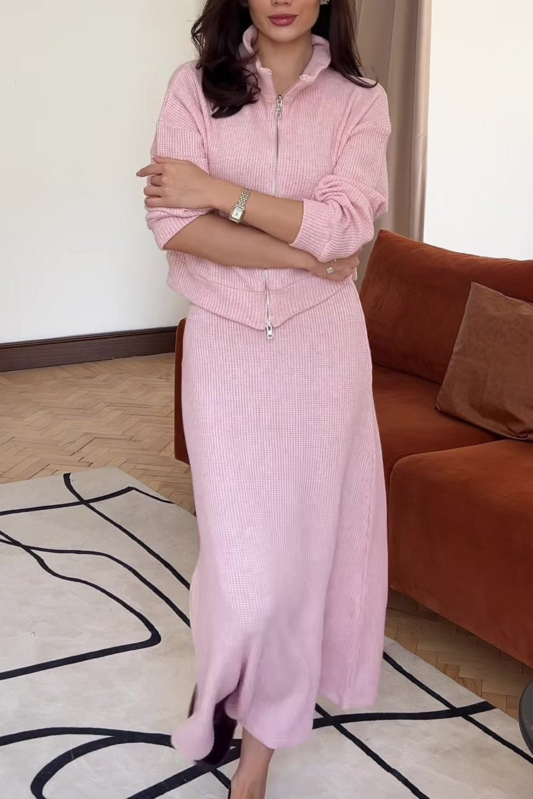 Solid color knit lapel zip-up top and maxi skirt two-piece set
