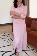 Solid color knit lapel zip-up top and maxi skirt two-piece set