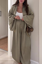 Lantern-sleeve zipper jacket and elastic waistband wide-leg pants two-piece set