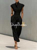 Solid color high-waisted turtleneck shirt dress