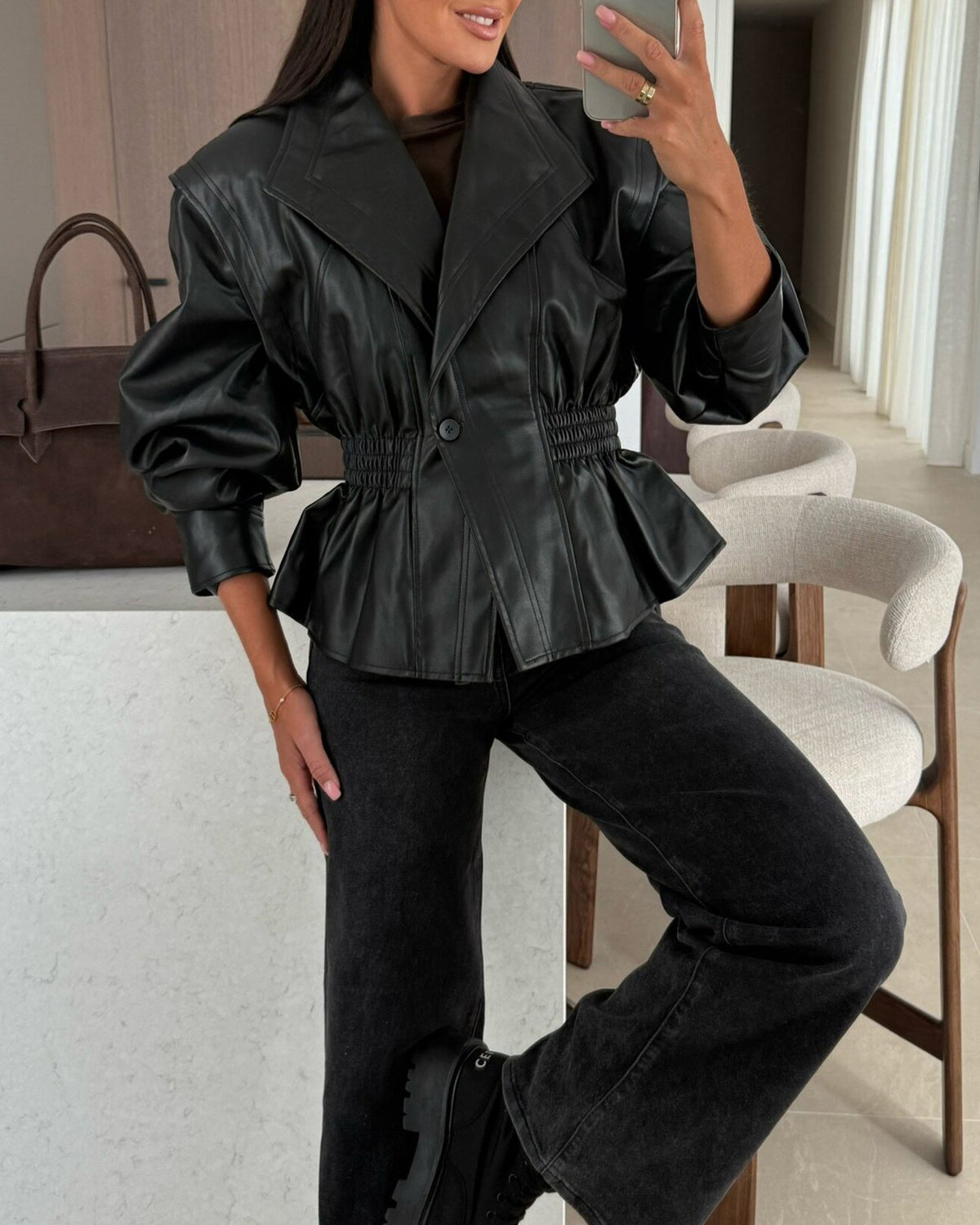 Classic lapel waist cropped PU jacket