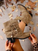 Side bow tie embellishment suede ankle boots