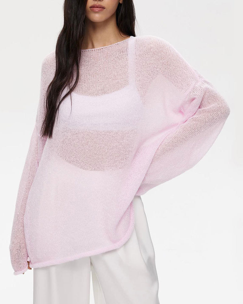 See-through thin scoop neck flared sleeve knitted T-shirt