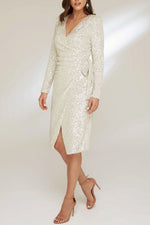Sparkling Sequin V-Neck Long Sleeve Tie Hip Dress