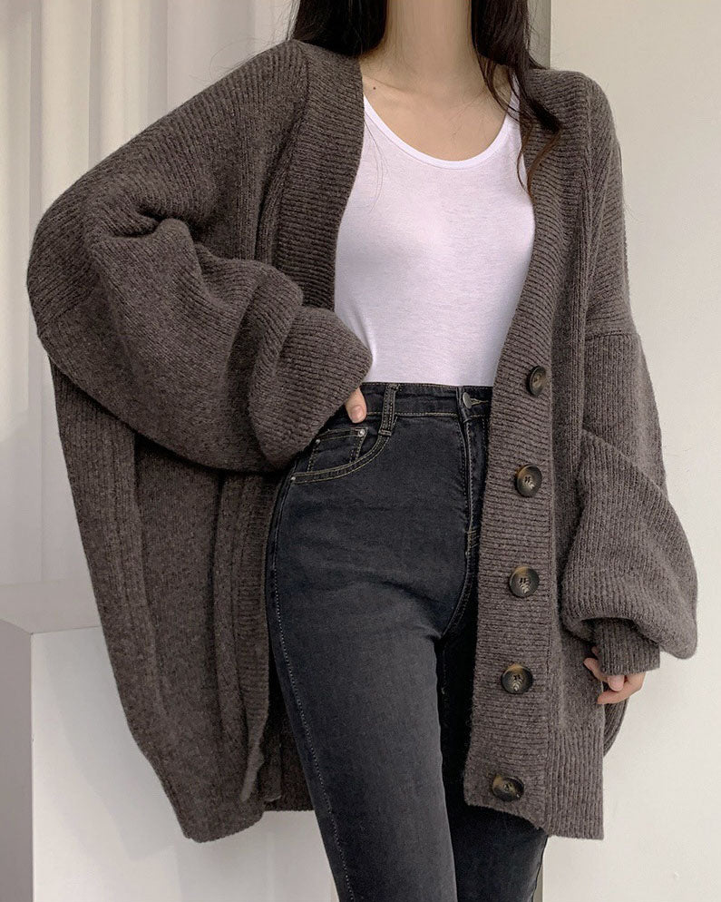 Cardigan tricoté à manches lanternes amples à simple boutonnage et col en V