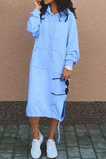 Large pockets tie-down hem hooded long sweatshirt dress
