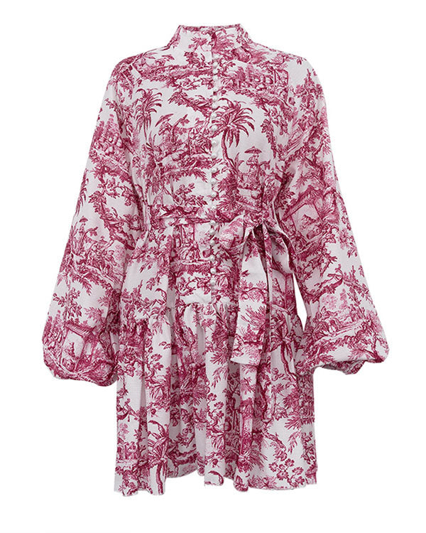 Retro A-Linien-Kleid mit Puffärmeln, Stehkragen und Schnürung