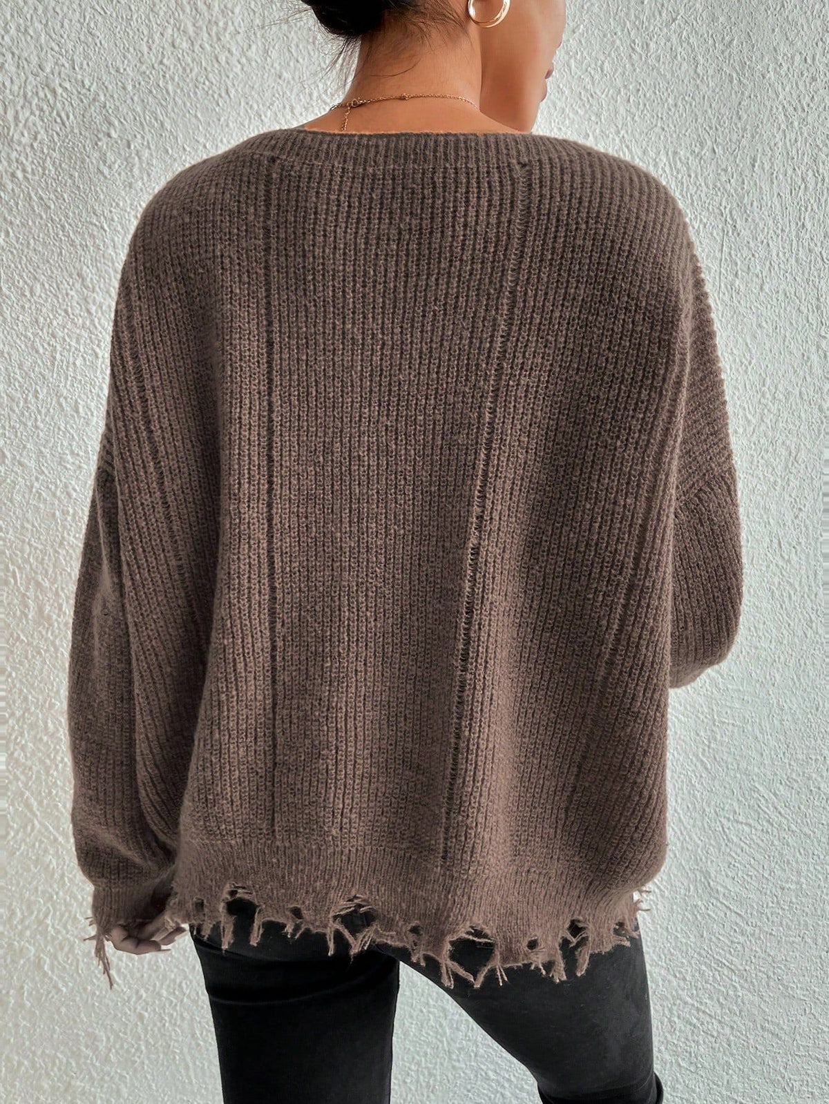 Solid color round neck ripped design loose knit sweater