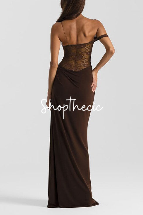 One-shoulder lace-trimmed fitted maxi dress