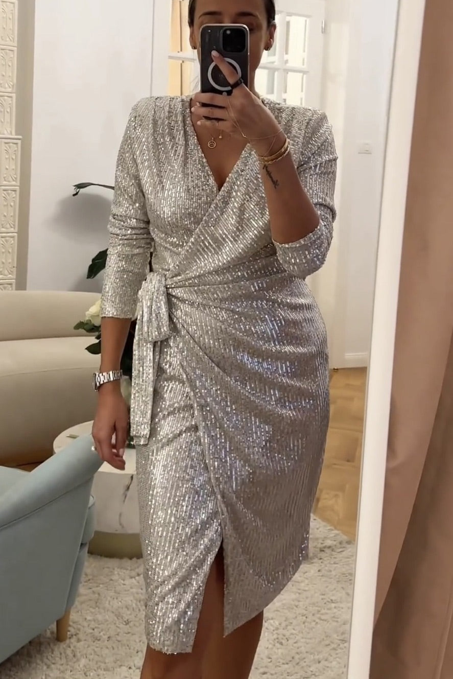 Sparkling Sequin V-Neck Long Sleeve Tie Hip Dress