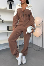 Color-blocked zipper fleece long-sleeved hooded jumpsuit
