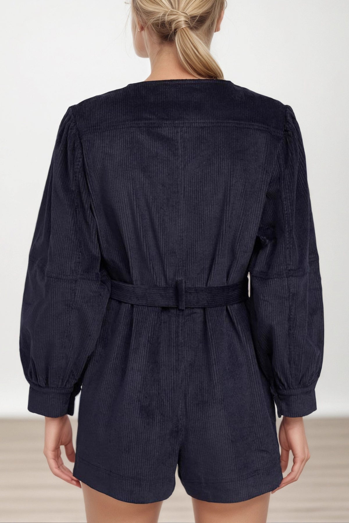Corduroy Retro Waist Puff Sleeve Romper