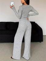 V-neck button Long-sleeved T-shirt and Wide-leg Pants Suit
