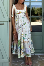 Tie-Drawn Linen Loose-Fit Print Dress