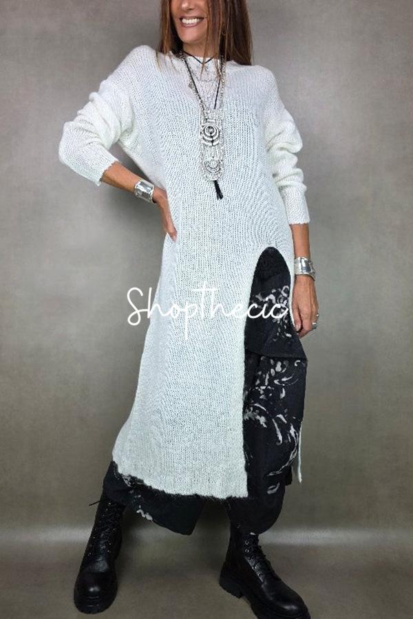 Abito in finto maglione a due pezzi con orlo spaccato e maniche lunghe